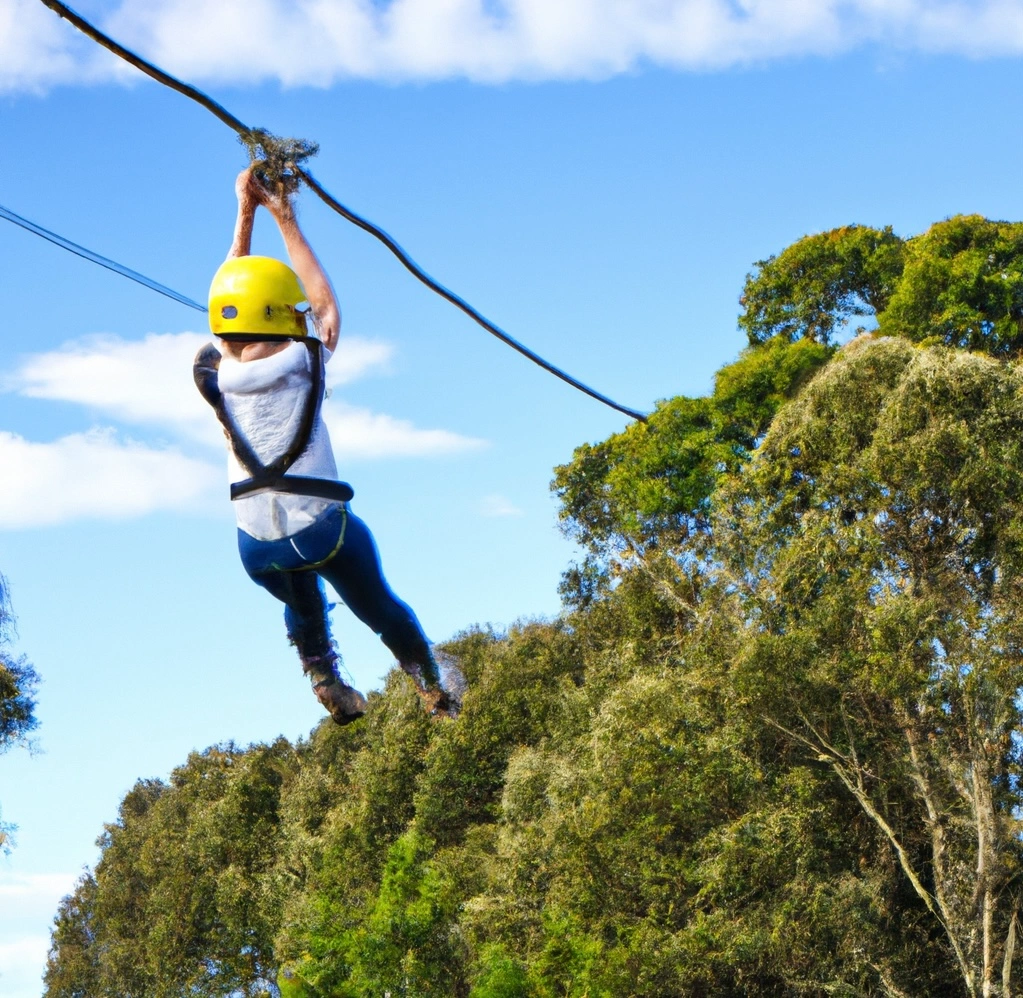 Friendly outdoor adventure park guide in uniform helping a smiling young girl adjust her safety harness before a zip line ride, supportive encouraging instructor, sunny outdoor nature park, candid professional photography