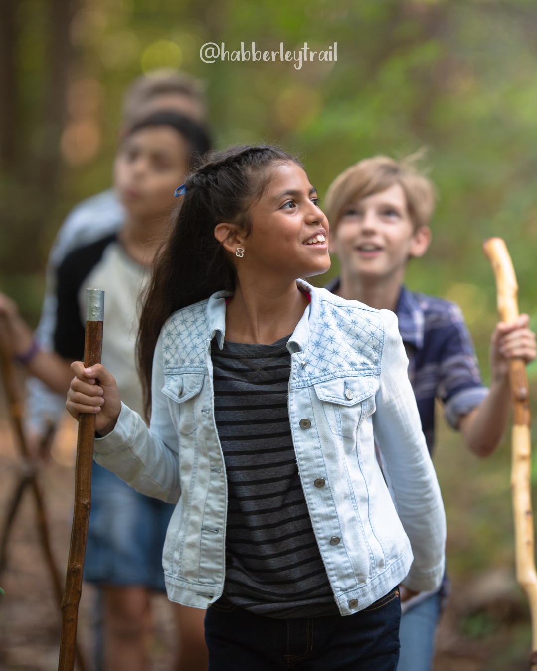 Children laughing on a wooden swing along the Habberley outdoor woodland trail